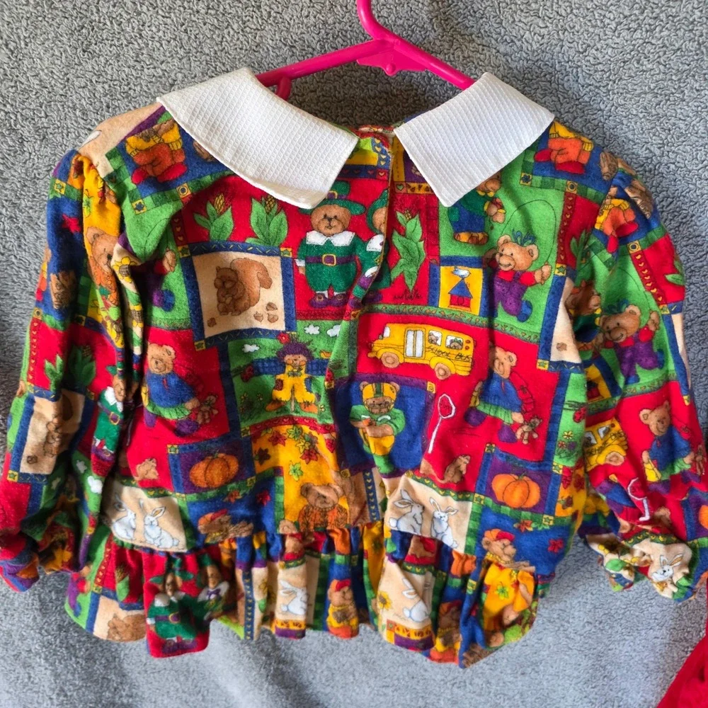 Vintage Kids Teddy Bear Novelty Print Peplum Top and Red Pants Set Multi Color
